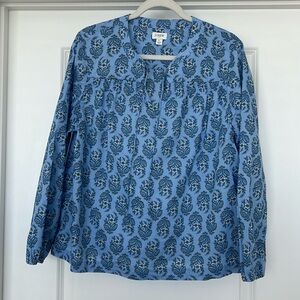 J Crew Blue Floral 100% Cotton Tunic Blouse size L